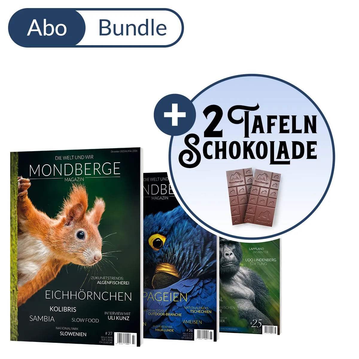 Abonnement MONDBERGE-Magazin im Bundle mit 2 Tafeln "Mondberge-Schokolade"